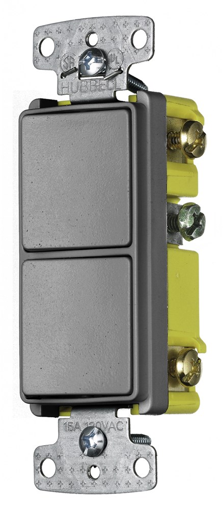 Hubbell Wiring Device Kellems, Switches and Lighting Controls,Combination Devices, Residential Grade, Decorator Series, 2) Single PoleRockers, 15A 120V AC, Side Wired, Gray