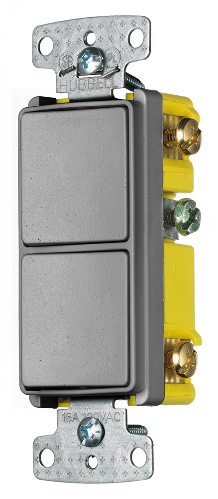 Hubbell Wiring Device Kellems, Switches and Lighting Controls,Combination Devices, Residential Grade, Decorator Series, 1) Single PoleRocker, 1) Three Way Rocker, 15A 120V AC, Side Wired, Gray