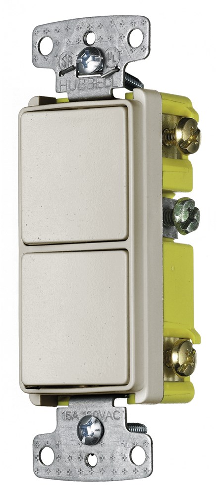 Hubbell Wiring Device Kellems, Switches and Lighting Controls,Combination Devices, Residential Grade, Decorator Series, 1) Single PoleRocker, 1) Three Way Rocker, 15A 120V AC, Side Wired, Light Almond