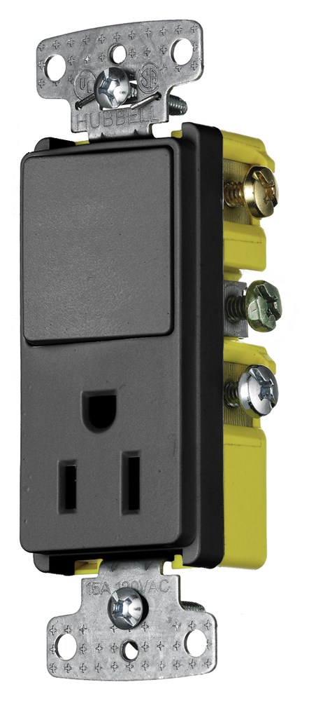Hubbell Wiring Device Kellems, Switches and Lighting Controls,Combination Devices, Residential Grade, Decorator Series, 1) Single PoleRocker, 1) Single Receptacle, 15A 120V AC, Side Wired, Black