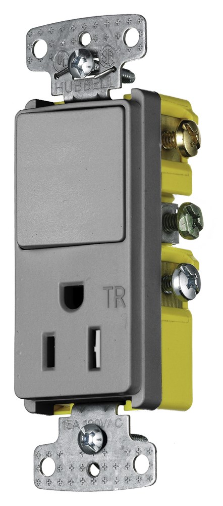 Hubbell Wiring Device Kellems, Switches and Lighting Controls,Combination Devices, Residential Grade, Decorator Series, 1) Single PoleRocker, 1) Tamper Resistant Single Receptacle, 15A 120V AC, Side Wired,Gray