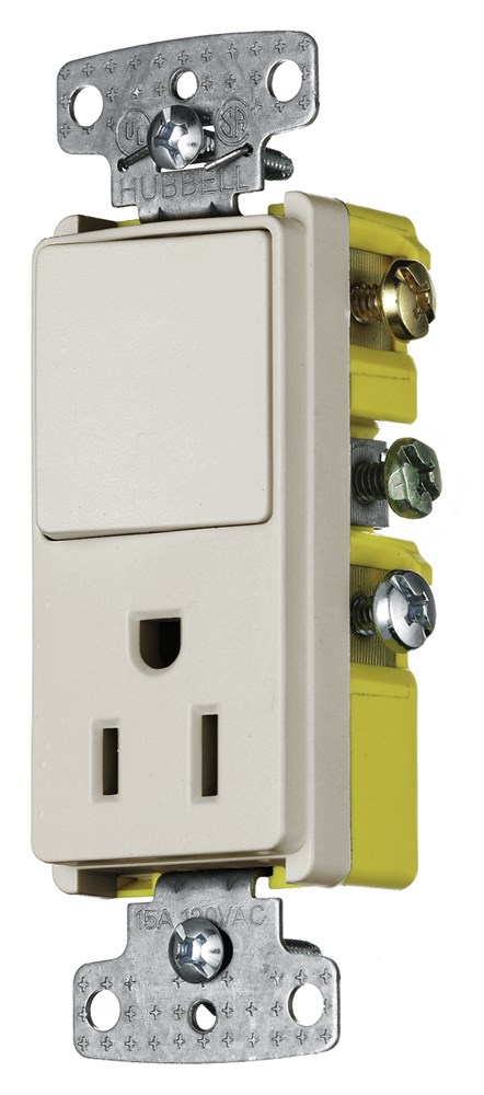 Hubbell Wiring Device Kellems, Switches and Lighting Controls,Combination Devices, Residential Grade, Decorator Series, 1) Single PoleRocker, 1) Single Receptacle, 15A 120V AC, Side Wired, Light Almond