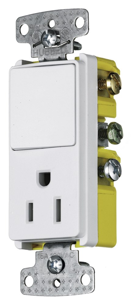 Hubbell Wiring Device Kellems, Switches and Lighting Controls,Combination Devices, Residential Grade, Decorator Series, 1) Single PoleRocker, 1) Single Receptacle, 15A 120V AC, Side Wired, White