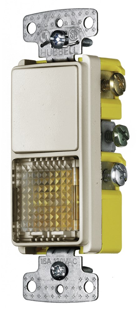 Hubbell Wiring Device Kellems, Switches and Lighting Controls,Combination Devices, Residential Grade, Decorator Series, 1) Single PoleRocker, 1) Pilot Light, 15A 120V AC, Side Wired, Light Almond