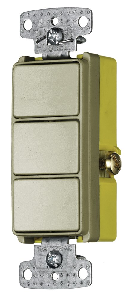 Hubbell Wiring Device Kellems, Switches and Lighting Controls,Combination Devices, Residential Grade, Decorator Series, 3) Three WayRockers, 15A 120V AC, Side Wired, Ivory