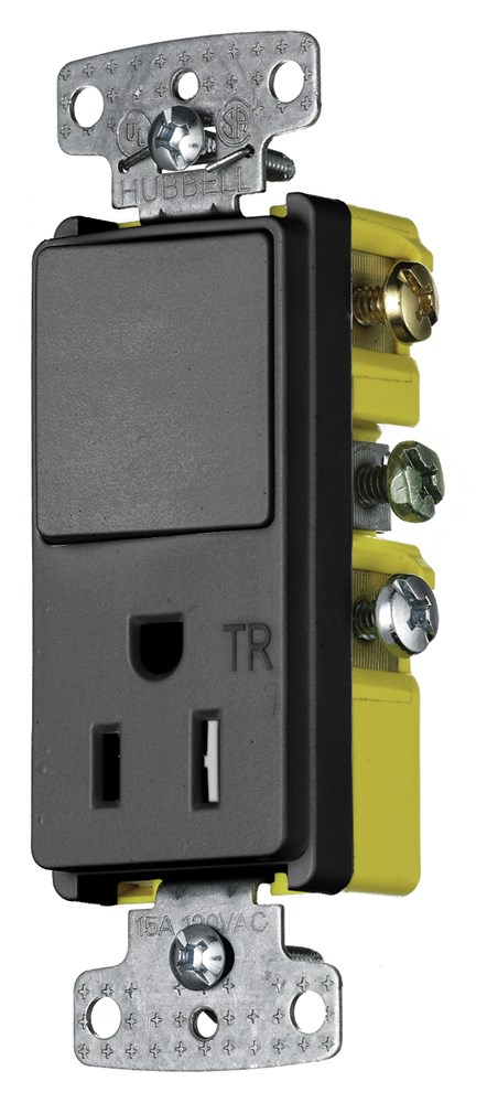 Hubbell Wiring Device Kellems, Switches and Lighting Controls,Combination Devices, Residential Grade, Decorator Series, 1) Three WayRocker, 1) Tamper Resistant Single Receptacle, 15A 120V AC, Side Wired,Black