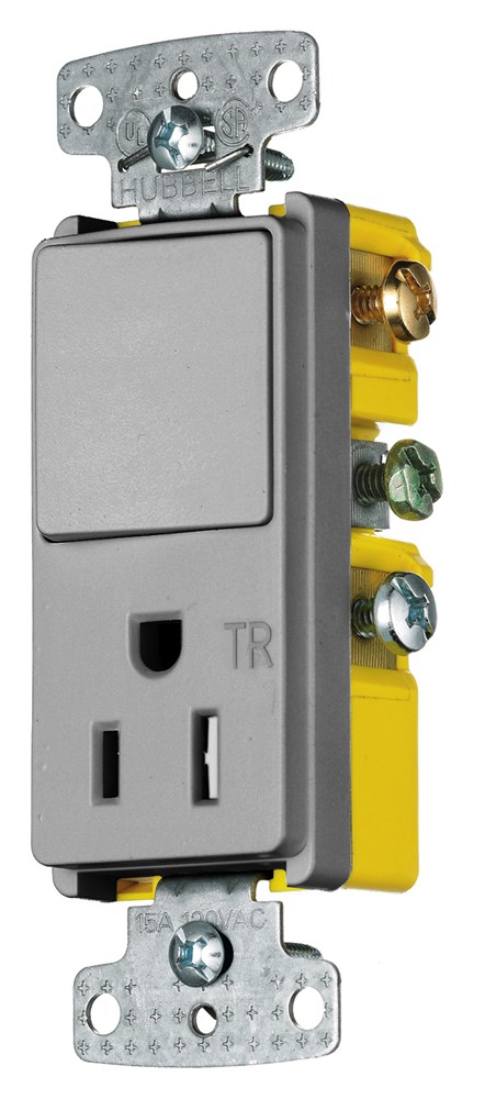Hubbell Wiring Device Kellems, Switches and Lighting Controls,Combination Devices, Residential Grade, Decorator Series, 1) Three WayRocker, 1) Tamper Resistant Single Receptacle, 15A 120V AC, Side Wired,Gray