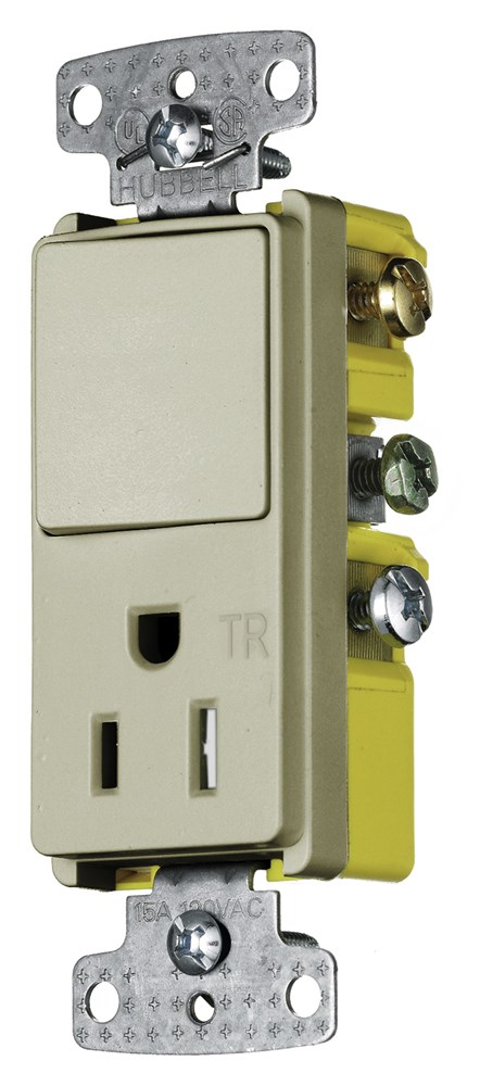 Hubbell Wiring Device Kellems, Switches and Lighting Controls,Combination Devices, Residential Grade, Decorator Series, 1) Three WayPole Rocker, 1) Tamper Resistant Single Receptacle, 15A 120V AC, SideWired, Ivory