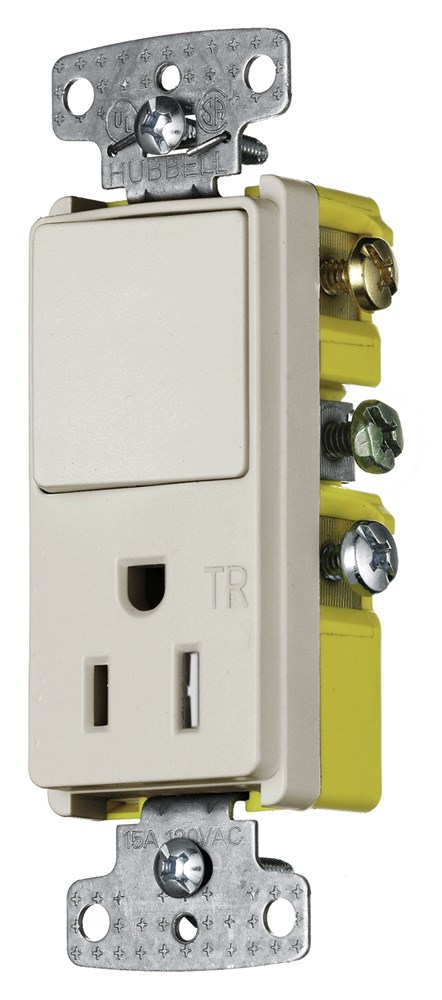 Hubbell Wiring Device Kellems, Switches and Lighting Controls,Combination Devices, Residential Grade, Decorator Series, 1) Three WayPole Rocker, 1) Tamper Resistant Single Receptacle, 15A 120V AC, SideWired, Light Almond