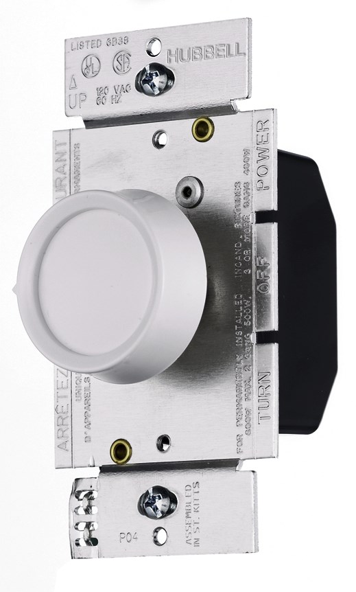 Hubbell Wiring Device Kellems, Switches and Lighting Controls, Dimmer,Rotary, Single Pole, 600W 120V AC, Ivory or White