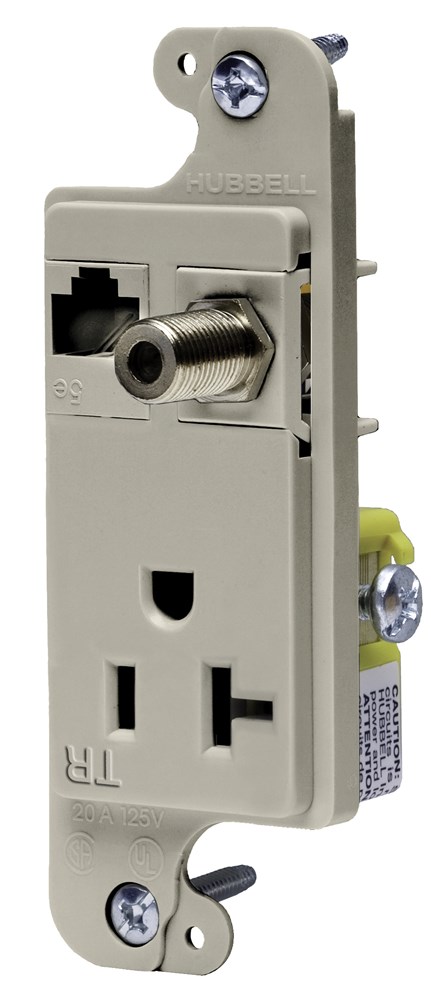 Hubbell Wiring Device Kellems, J-Load Media Outlet, 20A 125V TamperResistant Receptacle, Cat 6 Jack, F Coax, Decorator Frame, Light Almond