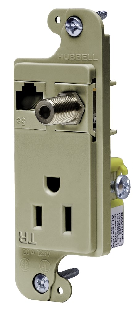 Hubbell Wiring Device Kellems, J-Load Media Outlet, 15A 125V TamperResistant Receptacle, Cat 6 Jack, F Coax, Decorator Frame, Ivory