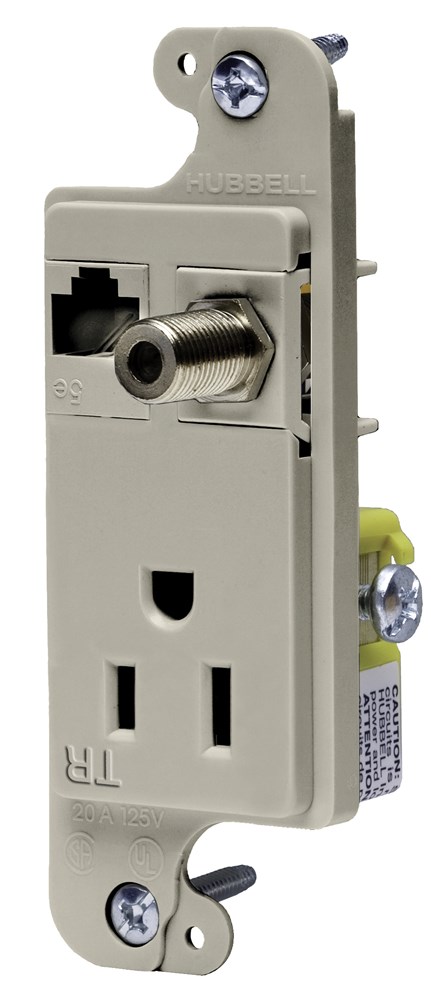 Hubbell Wiring Device Kellems, J-Load Media Outlet, 15A 125V TamperResistant Receptacle, Cat 6 Jack, F Coax, Decorator Frame, Light Almond
