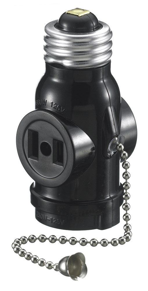 Hubbell Wiring Device Kellems, Adapter, Residential Grade, Medium BaseCurrent Tap, 2) Outlet, Pull Chain, 15A 125V, White