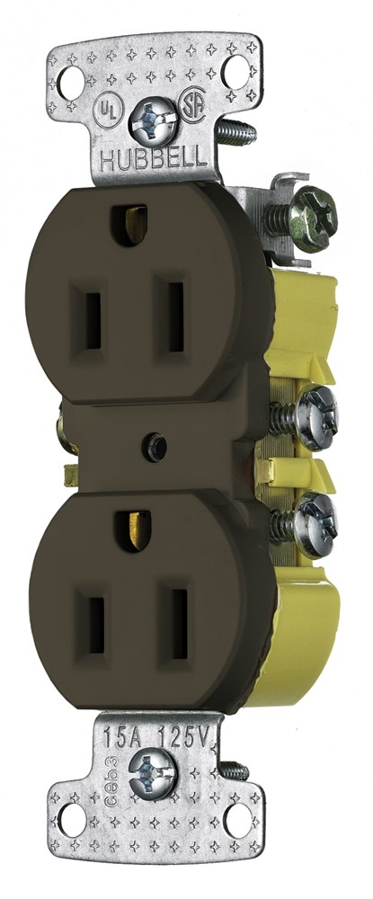 Hubbell Wiring Device Kellems, TradeSelect, Straight Blade Devices,Receptacles, Residential Grade, Duplex, 15A 125V, 2-Pole 3-WireGrounding, 5-15R, Push Terminals, Brown