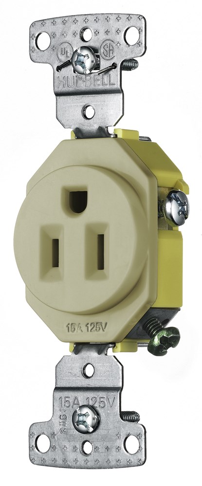 Hubbell Wiring Device Kellems, TradeSelect, Straight Blade Devices,Receptacles, Residential Grade, Single, 15A 125V, 2-Pole 3-WireGrounding, 5-15R, Ivory
