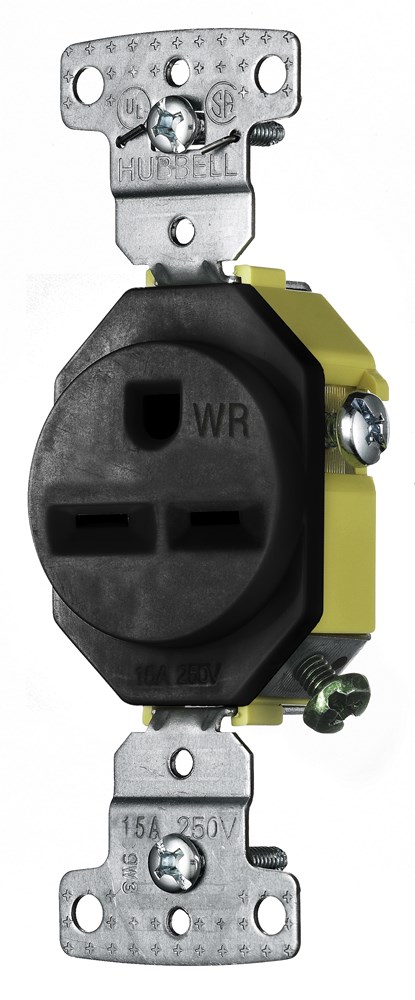 Hubbell Wiring Device Kellems, TradeSelect, Straight Blade, SingleReceptacle, Weather Resistant, 15A 250V, 2-Pole 3-Wire Grounding, 6-15R,Black