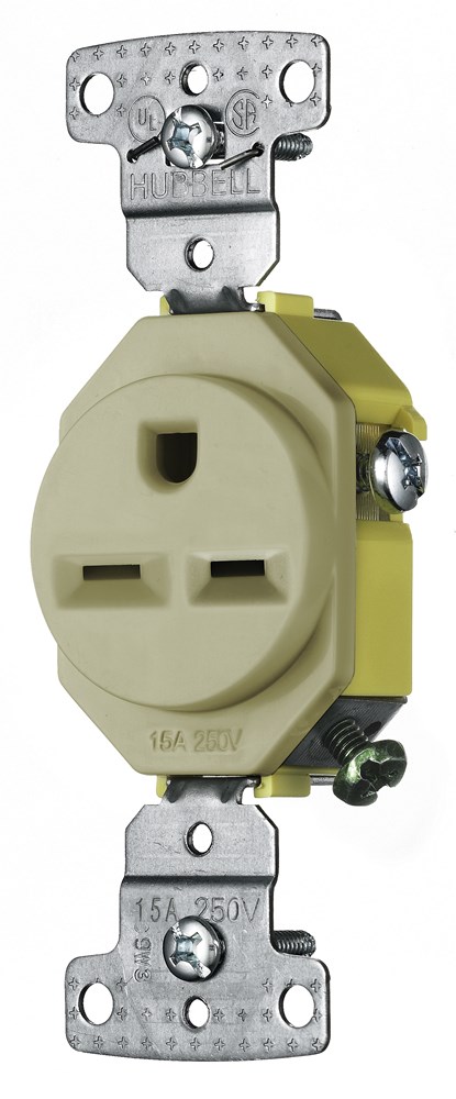 Hubbell Wiring Device Kellems, TradeSelect, Straight Blade Devices,Receptacles, Residential Grade, Single, 15A 250V, 2-Pole 3-WireGrounding, 6-15R, Ivory