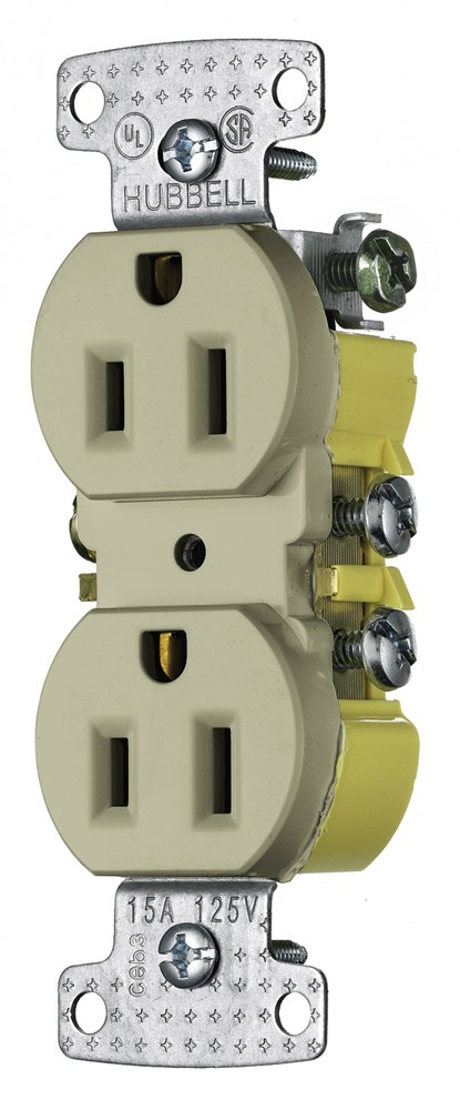 Hubbell Wiring Device Kellems, TradeSelect, Straight Blade Devices,Receptacles, Residential Grade, Duplex, 15A125V, 2-Pole 3-WireGrounding, 5-15R, Push Terminals, Ivory
