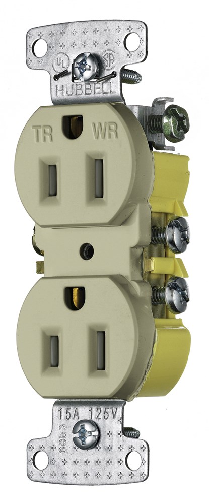 Hubbell Wiring Device Kellems, TradeSelect, Straight Blade Devices,Residential Grade, Receptacles, Weather and Tamper Resistant Duplex, 15A125V, 2-Pole 3-Wire Grounding, 5-15R, Self Grounding, Ivory