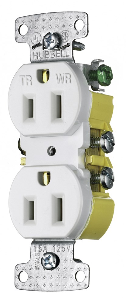 Hubbell Wiring Device Kellems, TradeSelect, Straight Blade Devices,Residential Grade, Receptacles, Weather and Tamper Resistant Duplex, 15A125V, 2-Pole 3-Wire Grounding, 5-15R, Self Grounding, White