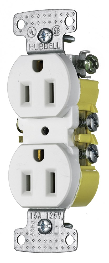 Hubbell Wiring Device Kellems, TradeSelect, Straight Blade Devices,Receptacles, Residential Grade, Duplex, 15A 125V, 2-Pole 3-WireGrounding, 5-15R, Push Terminals, White