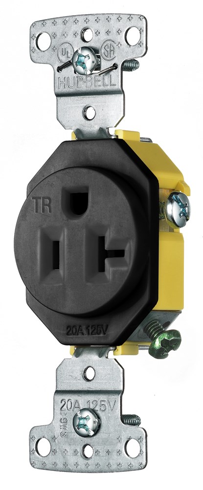 Hubbell Wiring Device Kellems, TradeSelect, Straight Blade, SingleReceptacle, Tamper Resistant, 20A 125V, 2-Pole 3-Wire Grounding, 5-20R,Black