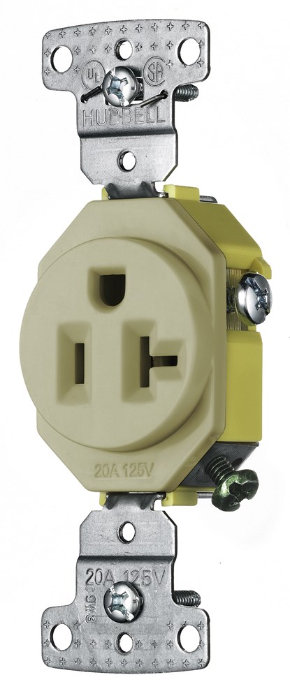 Hubbell Wiring Device Kellems, TradeSelect, Straight Blade Devices,Residential Grade, Receptacles, Single, 20A 125V, 2-Pole 3-WireGrounding, 5-20R, Self Grounding, Ivory
