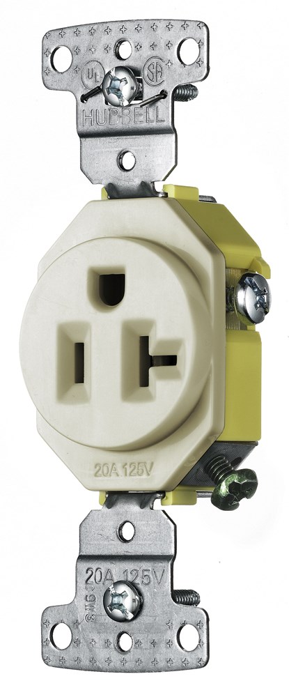 Hubbell Wiring Device Kellems, TradeSelect, Straight Blade Devices,Residential Grade, Receptacles, Single, 20A 125V, 2-Pole 3-WireGrounding, 5-20R, Self Grounding, Light Almond