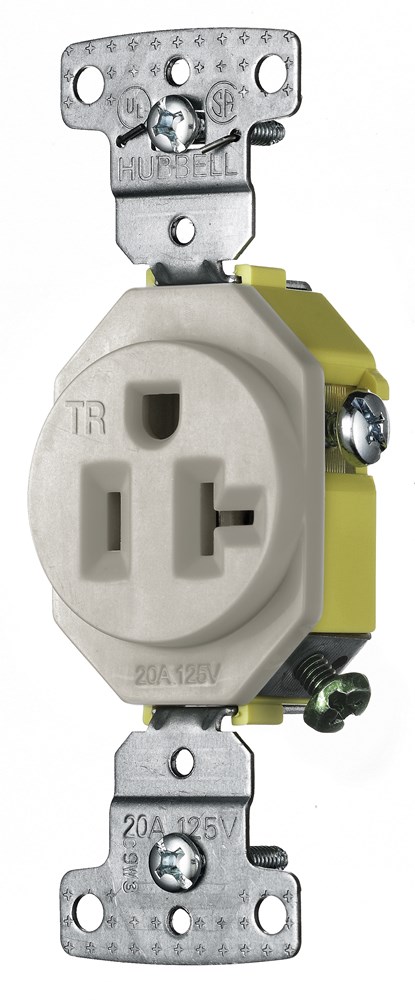 Hubbell Wiring Device Kellems, TradeSelect, Straight Blade Devices,Residential Grade, Receptacles, Tamper ResistantSingle, 20A 125V, 2-Pole3-Wire Grounding, 5-20R, Self Grounding, Ligh tAlmond