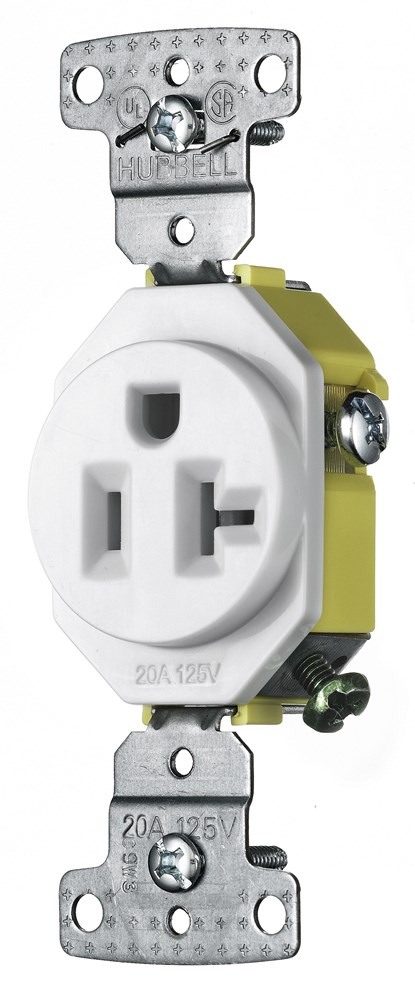 Hubbell Wiring Device Kellems, TradeSelect, Straight Blade Devices,Residential Grade, Receptacles, Single, 20A 125V, 2-Pole 3-WireGrounding, 5-20R, Self Grounding, White