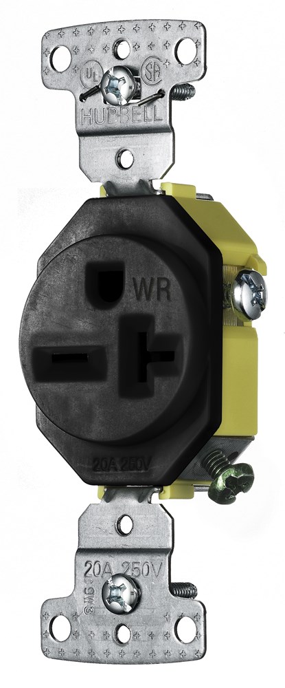 Hubbell Wiring Device Kellems, TradeSelect, Straight Blade Devices,Residential Grade, Receptacles, Weather Resistant Single, 20A 250V, 2-Pole 3-Wire Grounding, 6-20R, Self Grounding, Black