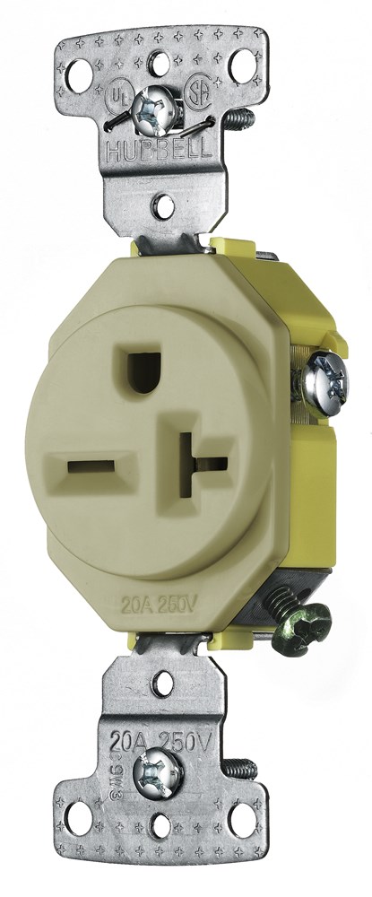 Hubbell Wiring Device Kellems, TradeSelect, Straight Blade Devices,Residential Grade, Receptacles, Single, 20A 250V, 2-Pole 3-WireGrounding, 6-20R, Self Grounding, Ivory