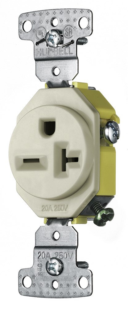 Hubbell Wiring Device Kellems, TradeSelect, Straight Blade Devices,Residential Grade, Receptacles, Single, 20A 250V, 2-Pole 3-WireGrounding, 6-20R, Self Grounding, Light Almond