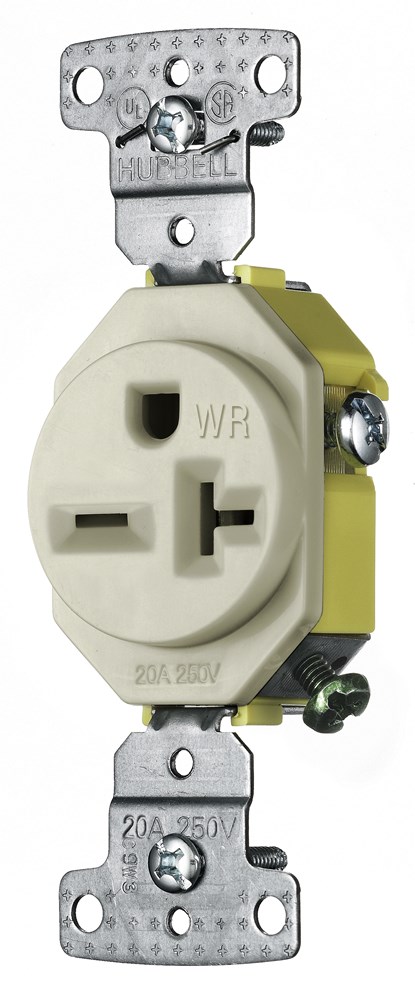 Hubbell Wiring Device Kellems, TradeSelect, Straight Blade, SingleReceptacle, Weather Resistant, 20A 250V, 2-Pole 3-Wire Grounding, 6-20R,Light Almond