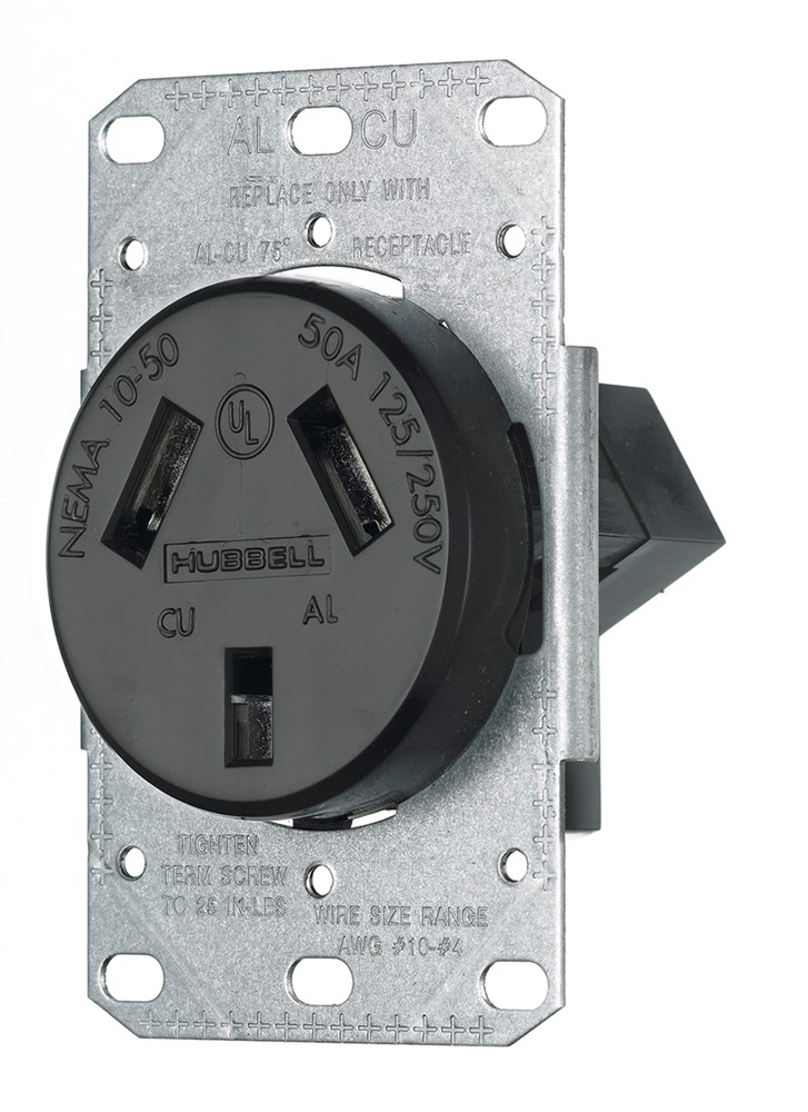 Hubbell Wiring Device Kellems, TradeSelect, Straight Blade Devices,Residential Grade, Receptacles, Single, 50A 125/250V, 3-Pole 3-Wire Non-Grounding, 10-50R, Flush Mount, Black