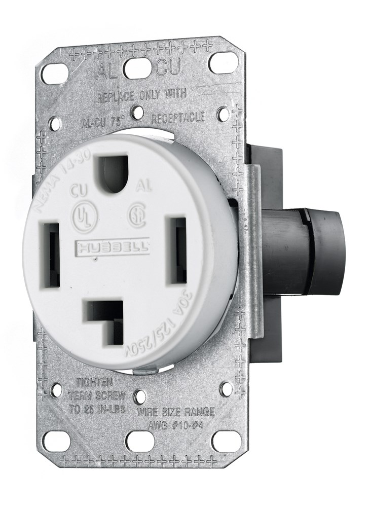 Hubbell Wiring Device Kellems, TradeSelect, Straight Blade Devices,Residential Grade, Receptacles, Single, 30A 125/250V, 3-Pole 4-WireGrounding, 14-30R, Flush Mount, White