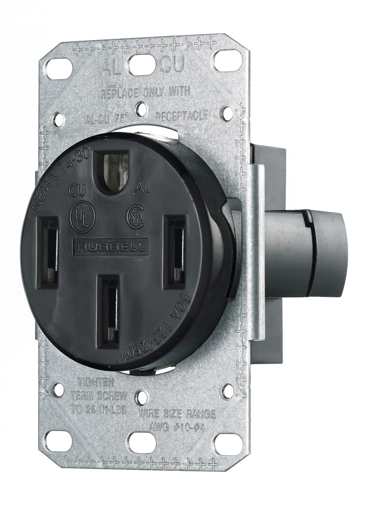 Hubbell Wiring Device Kellems, TradeSelect, Straight Blade Devices,Residential Grade, Receptacles, Single, 50A 125/250V, 3-Pole 4-WireGrounding, 14-50R, Flush Mount, Black