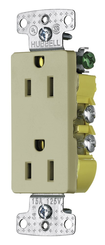 Hubbell Wiring Device Kellems, TradeSelect, Straight Blade Devices,Residential Grade, Receptacles, Decorator Duplex, 15A 125V, 2-Pole 3-Wire Grounding, 5-15R, Ivory
