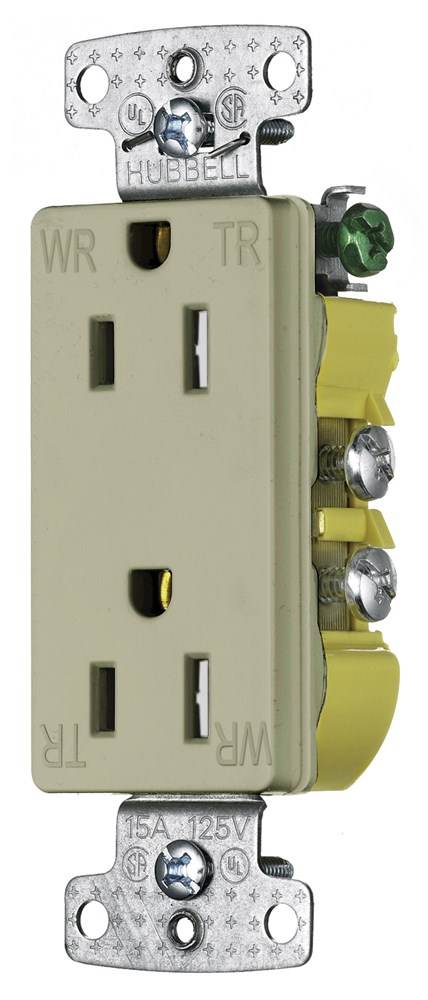 Hubbell Wiring Device Kellems, TradeSelect, Straight Blade, DecoratorDuplex Receptacle, Weather and Tamper Resistant, 15A 125V, 2-Pole 3-WireGrounding, 5-15R, Ivory