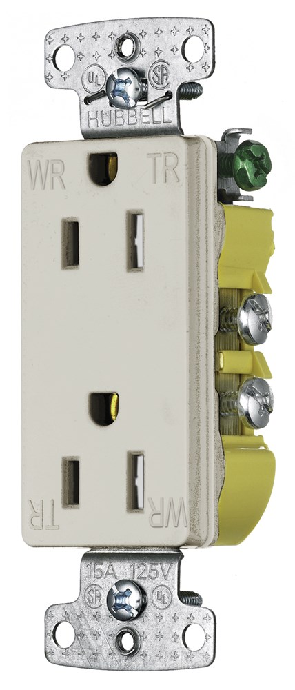 Hubbell Wiring Device Kellems, TradeSelect, Straight Blade Devices,Residential Grade, Receptacles, Weather and Tamper Resistant DecoratorDuplex, Self Grounding, 15A 125V, 2-Pole 3-Wire Grounding, 5-15R, LightAlmond