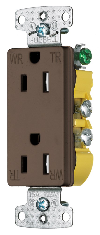 Hubbell Wiring Device Kellems, TradeSelect, TradeSelect, Straight Blade,Decorator Duplex Receptacle, Weather and Tamper Resistant, 15A 125V, 2-Pole 3-WireGrounding, 5-15R, Brown