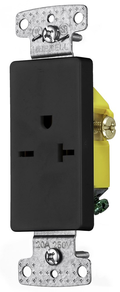 Hubbell Wiring Device Kellems, TradeSelect, Single Decorator Receptacle,Self Grounding, 20A 250V, 2-Pole 3-Wire Grounding, 6-20R, Black