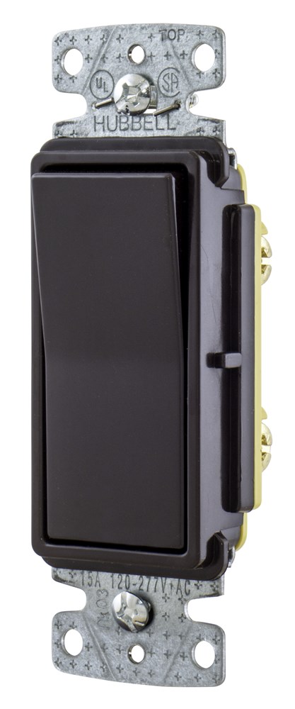 Hubbell Wiring Device Kellems, TradeSelect, Switches and LightingControls, Decorator Switch, Residential Grade, Rocker Switch, GeneralPurpose AC, Single Pole, 15A 120/277V AC, Push Back and Side Wired,Brown