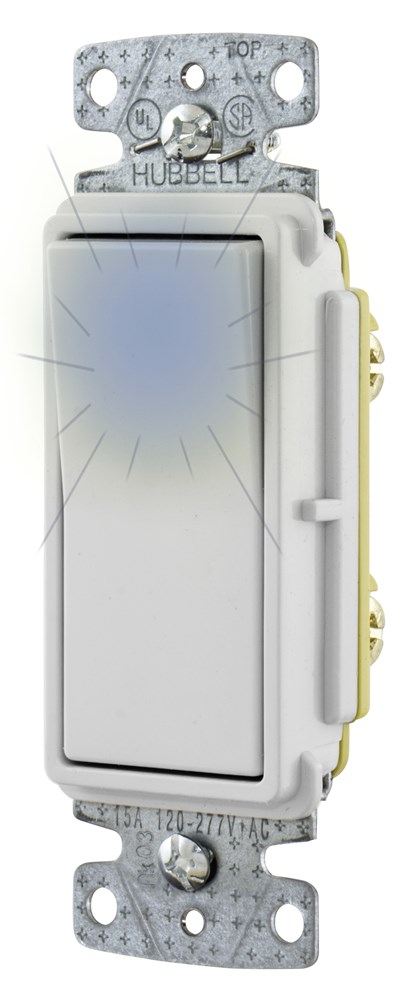 Hubbell Wiring Device Kellems, TradeSelect, Switches and LightingControls, Decorator Switch, Residential Grade, Rocker Switch, GeneralPurpose AC, Illuminated Single Pole, 15A 120/277V AC, Push Back and SideWired, White
