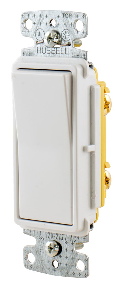 Hubbell Wiring Device Kellems, TradeSelect, Switches and LightingControls, Decorator Switch, Residential Grade, Rocker Switch, GeneralPurpose AC, Single Pole, 15A 120/277V AC, Push Back and Side Wired,White