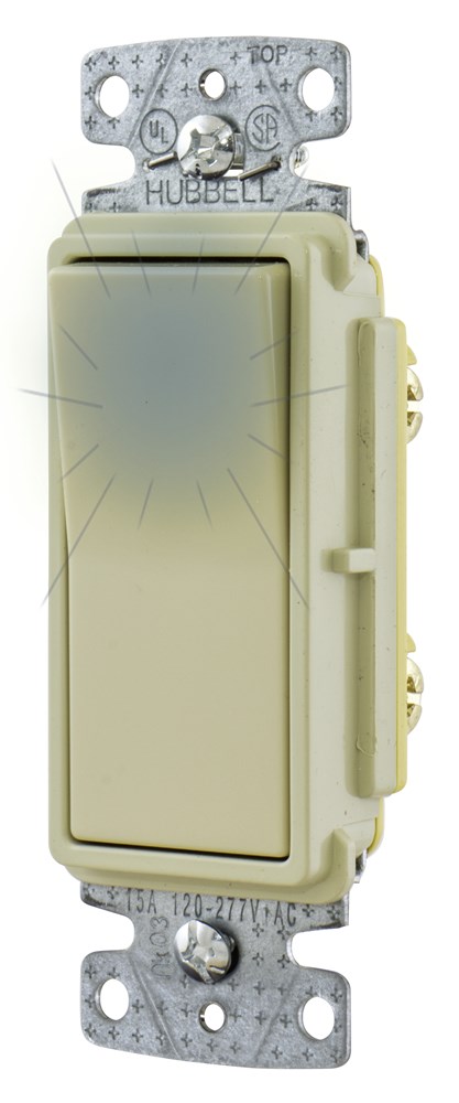Hubbell Wiring Device Kellems, TradeSelect, Switches and LightingControls, Decorator Switch, Residential Grade, Rocker Switch, GeneralPurpose AC, Illuminated Three Way, 15A 120/277V AC, Push and Side Wired,Ivory
