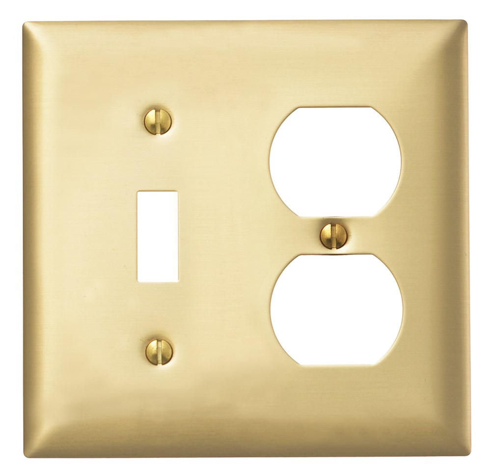 Hubbell Wiring Device Kellems, Wallplates and Boxes, Metallic Plates, 2-Gang, 1) Duplex Opening, 1) Toggle, Standard Size, Brass