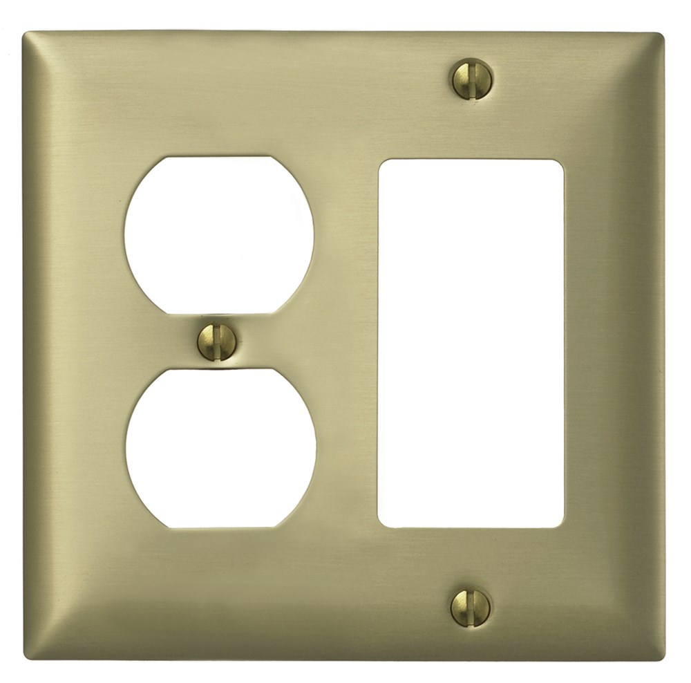 Hubbell Wiring Device Kellems, Wallplates and Boxes, Metallic Plates, 2-Gang, 1) Duplex Opening, 1) Decorator Opening, Standard Size, Brass