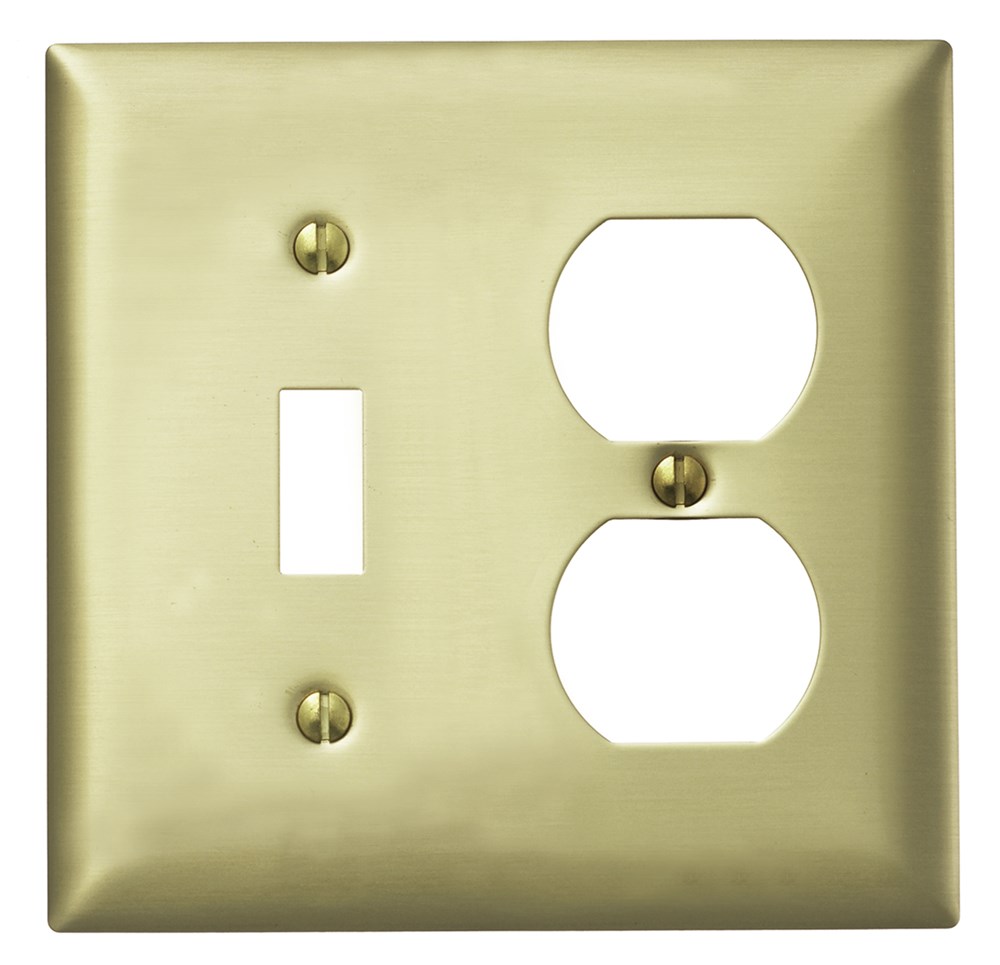 Hubbell Wiring Device Kellems, Wallplates and Boxes, Metallic Plates, 2-Gang, 1) Toggle Opening, 1) Duplex, Standard Size, Brass Plated Steel